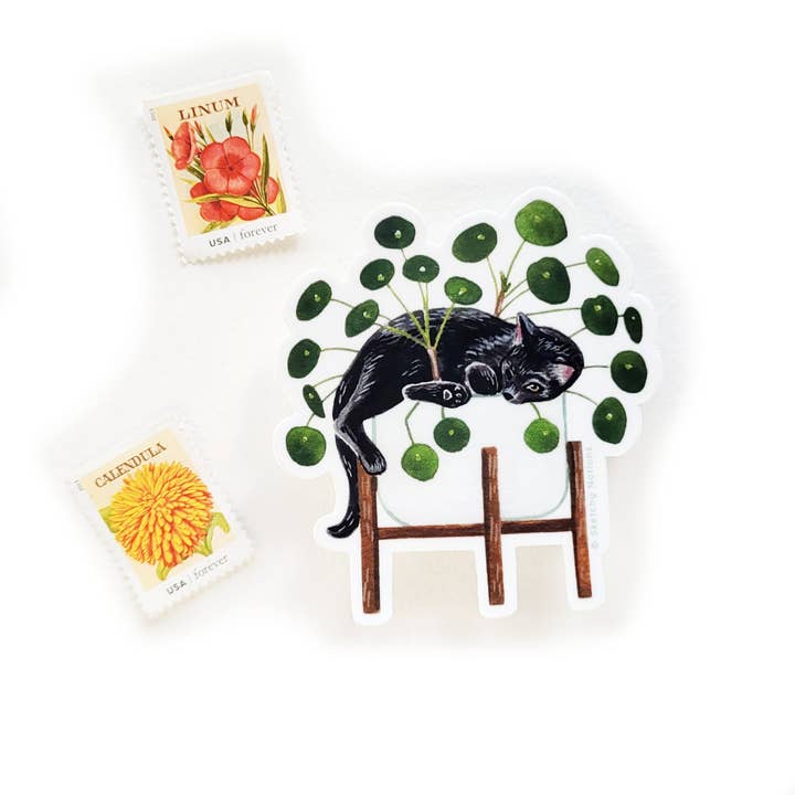 Sketchy Notions - Wholesale Sticker - Cat and Plant Sticker 17 - Black Cat with Pilea Plant
