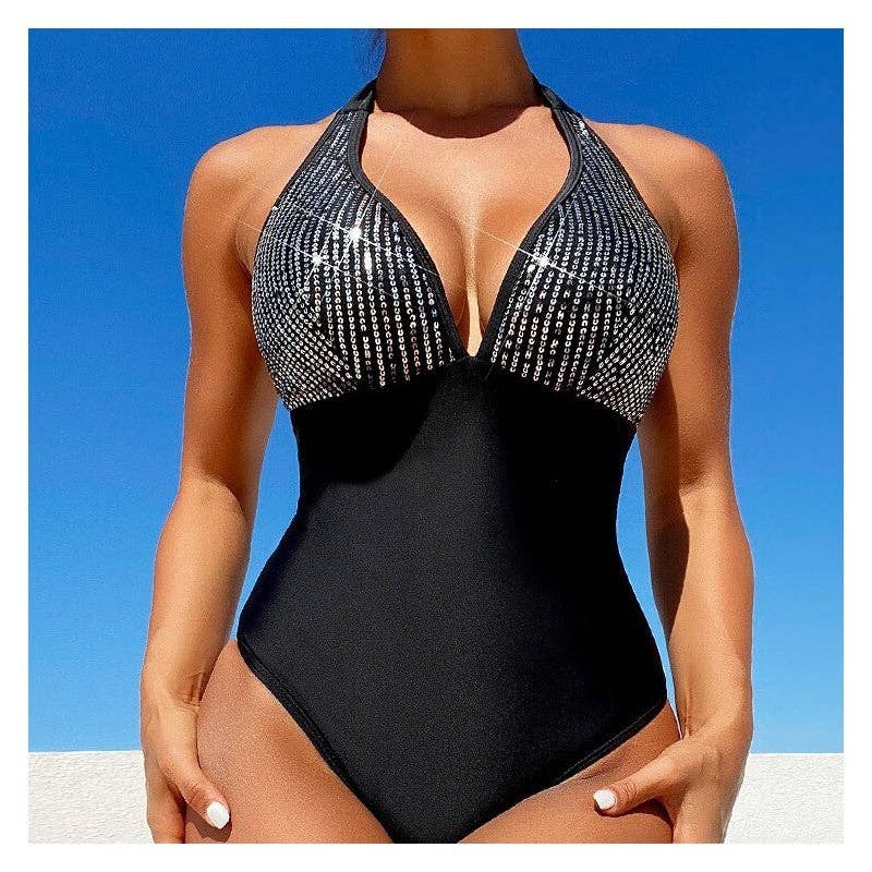BLACK Backless One-Piece Shimmer Swimsuit for wholesale on Faire0