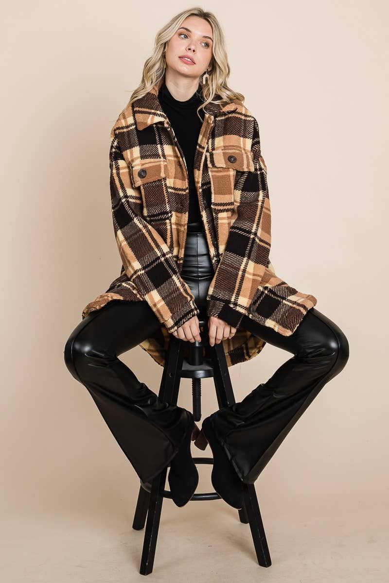 BNS - Wholesale Shirt Jacket/Shacket - Women's - Plaid Print Drop Shoulder Teddy Shacket w/Pockets9