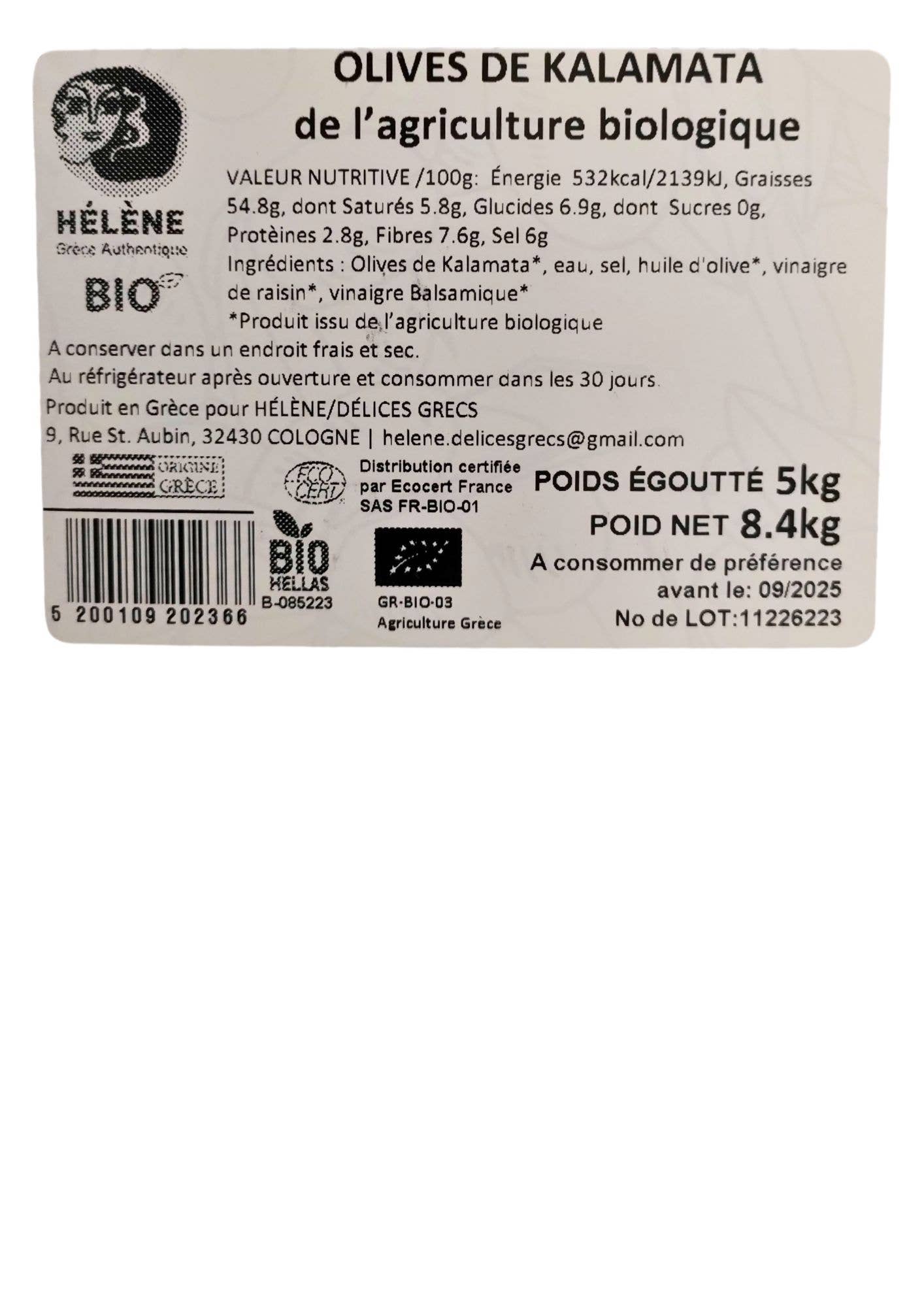 Helene Delices Grecs - Wholesale Olives - BULK Organic Balsamic Kalamata Olives 5kg5