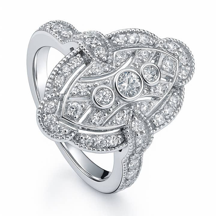 BERRICLE Sterling Zilveren Navette Milgrain CZ Cocktailring voor wholesale door BERRICLE