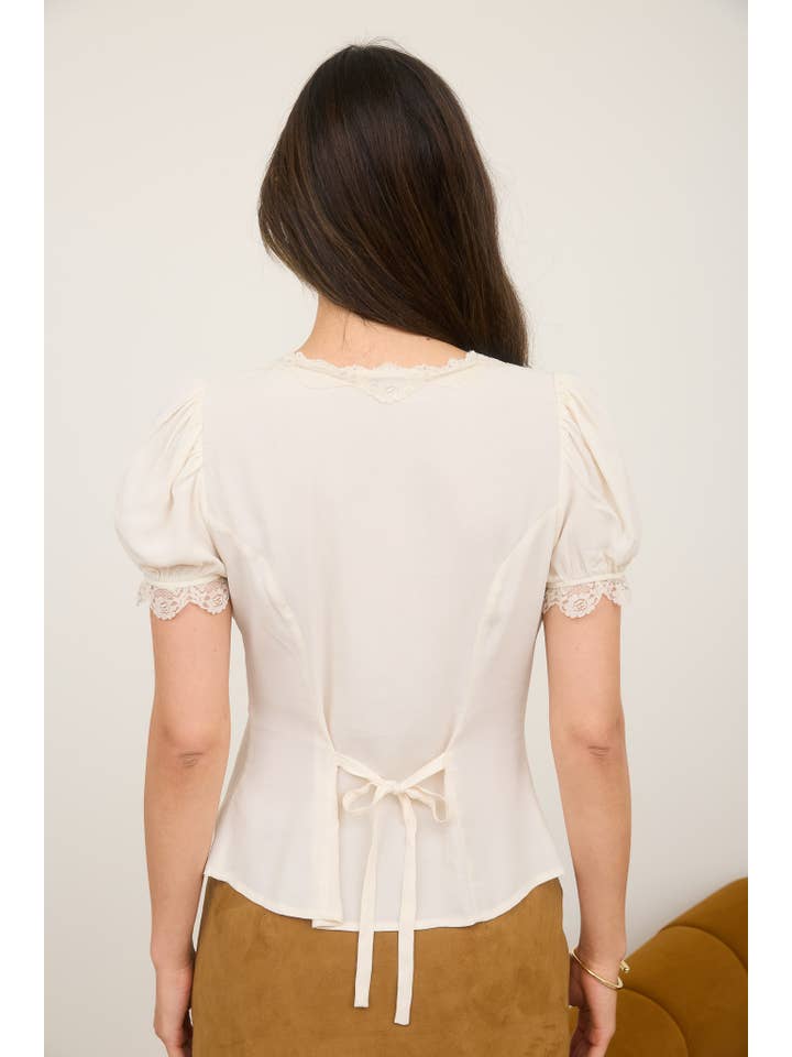 The Workshop Studio – Blusa - Mulher por atacado – BLOUSA DE MANGAS BUFANTES COM BOTÕES E RENDAS1