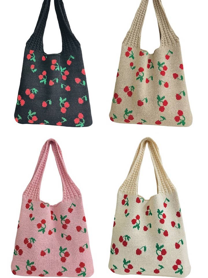 Cherry Pattern Knitted Woven Crochet Tote Bag for wholesale by Vanilla Monkey