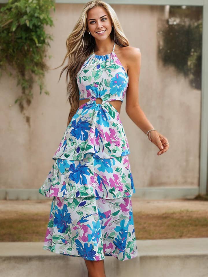 Green Halter Neck Floral Midi Dress with Cutout Waist for wholesale on Faire