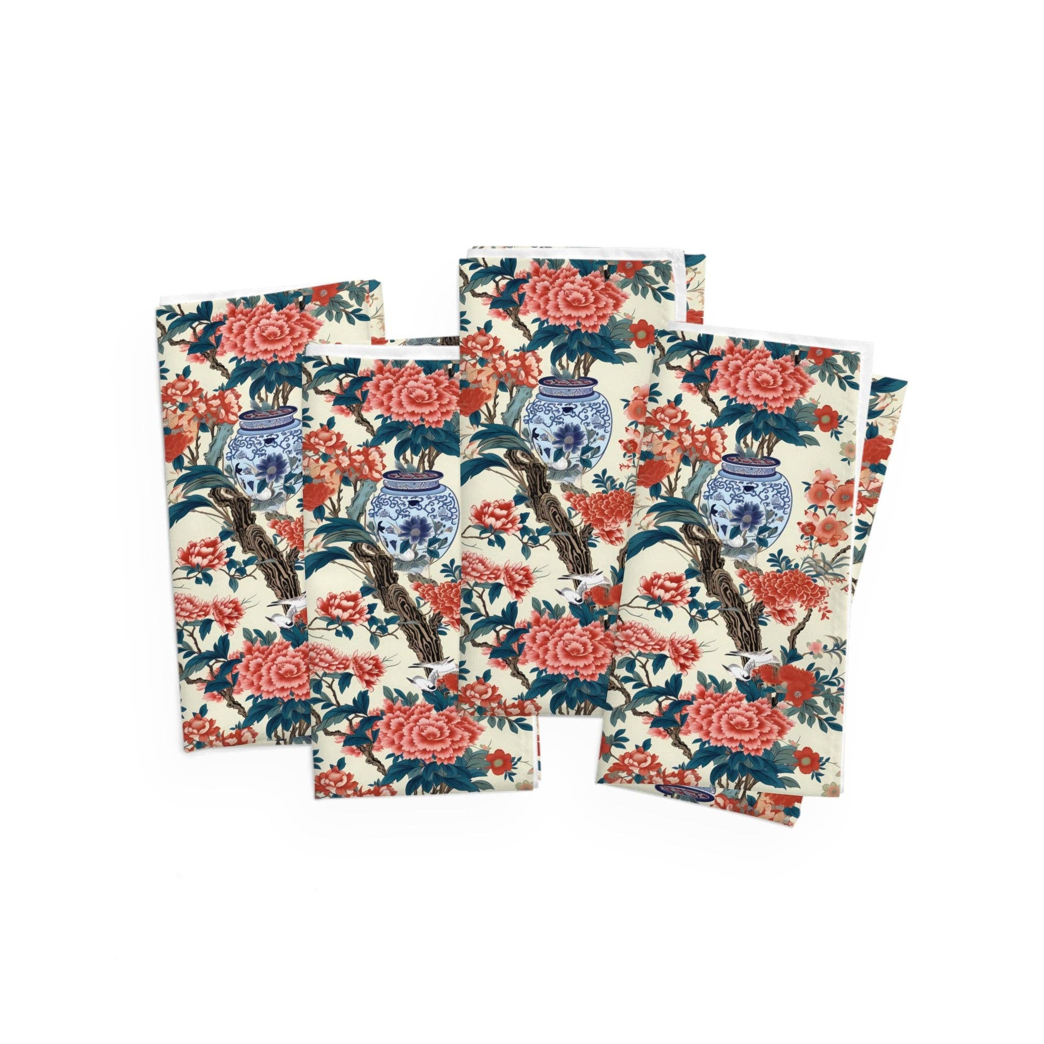 Blanc Serviettes de table chinoiserie en toile beige et pot à gingembre bleu, 4 pièces en vente sur Faire2