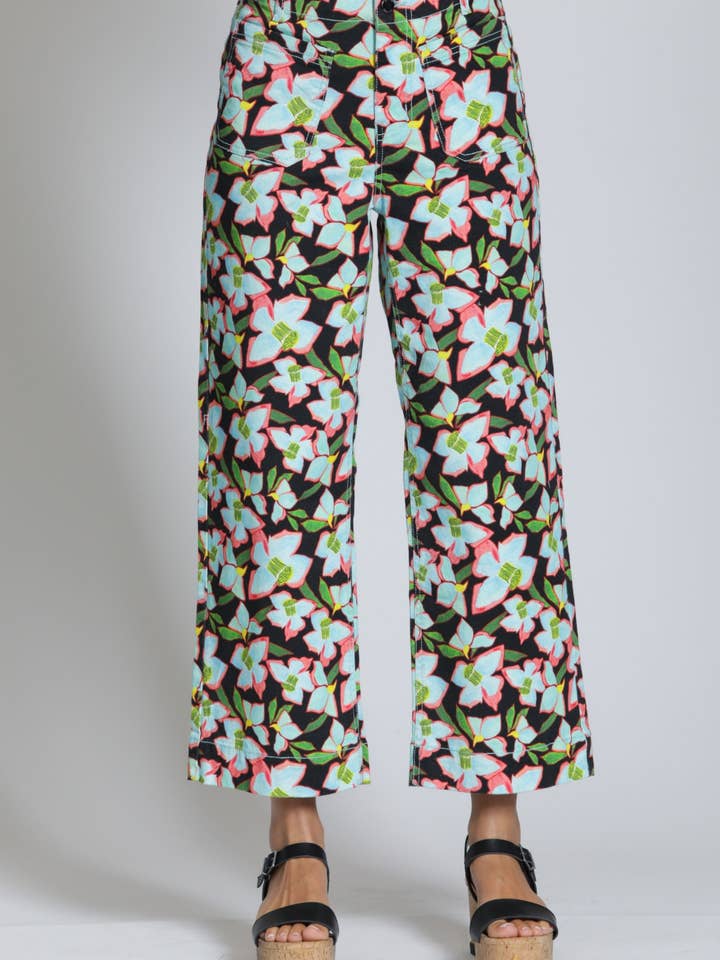 Cropped Wide Leg Pant With Patch Pockets-Turquoise Multi for wholesale by APNY