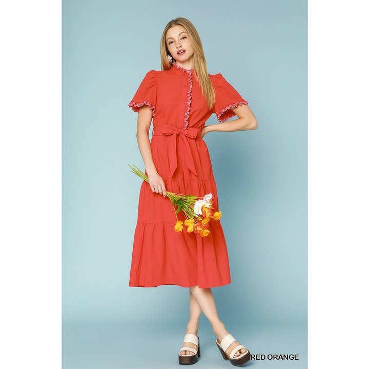 Scalloped Ruffle A Line Midi Dress with Belt Tie for wholesale by BNS