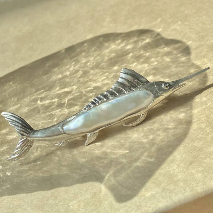 925 Silver Sailfish Brooch Pendant | Pearl & Sapphire Ocean Jewelry | Handmade Sea Totem Gift for Sailors & Dreamers for wholesale by idjewelry