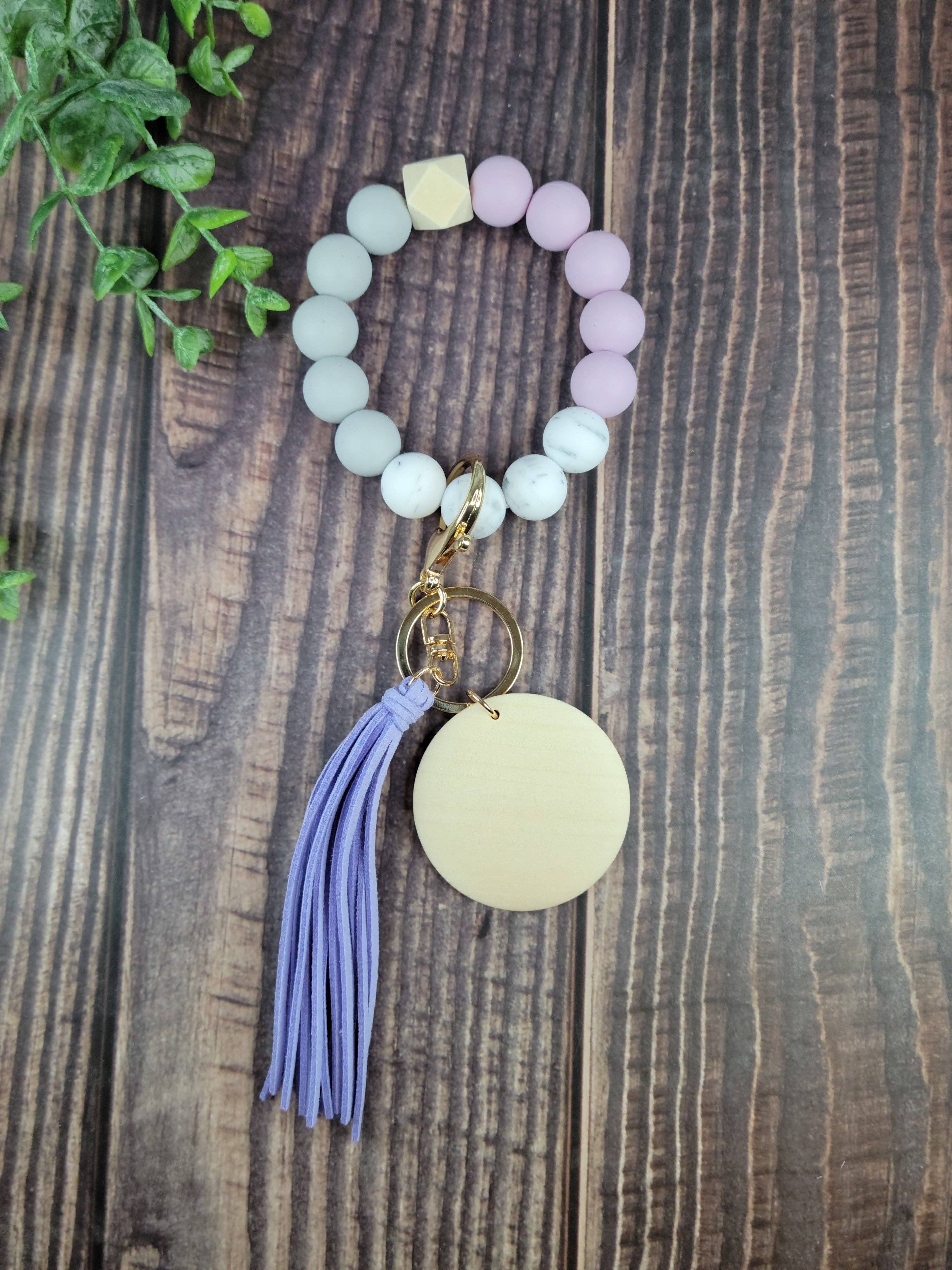 ACC Sublimation Blanks - Vendita all'ingrosso Bracciale portachiavi - Braccialetti portachiavi con perline in silicone con disco in legno chiaro da 2" e2