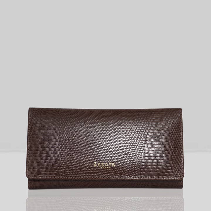 'CLAIRE' Brown Lizard Leather Flap Over Purse for wholesale by Assots London