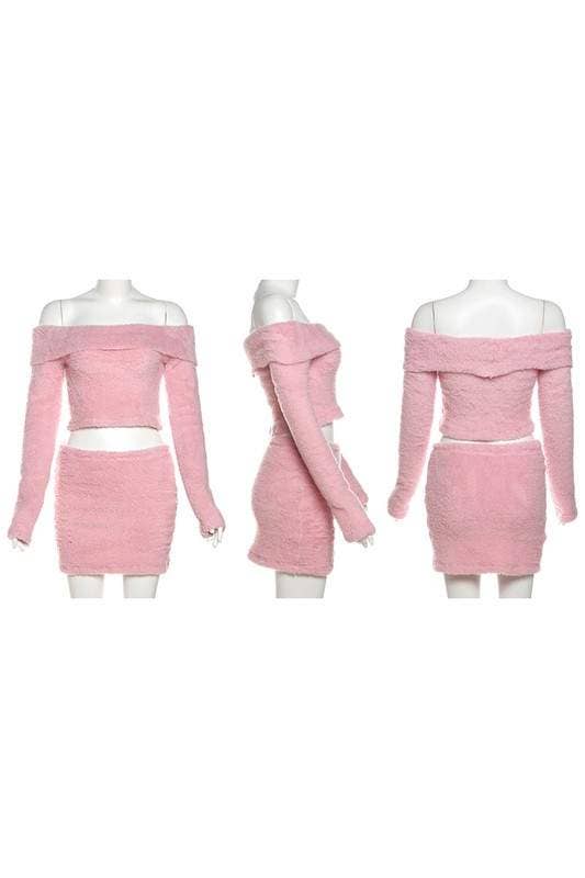 Flarix – wholesale Top & skirt set – Women's – Y2K Fuzzy Off-Shoulder Two-Piece Set10