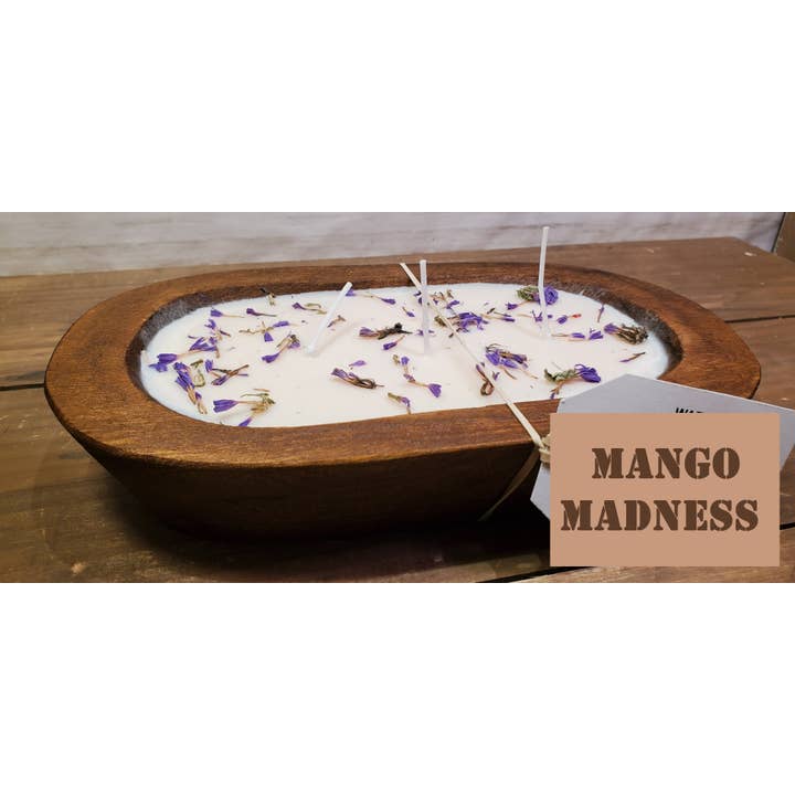 Wooden Dough Bowl Soy Candle w/ dried flowers, Mango Madness for wholesale by Abnormal Creations