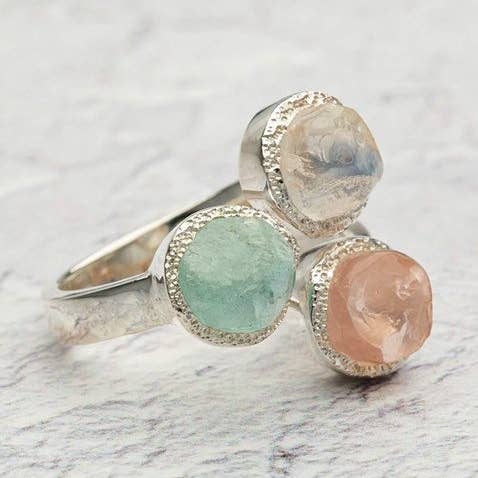 Aquamarine, Rose Quartz And Moonstone Ring, Raw stone- Tri for wholesale by Koko