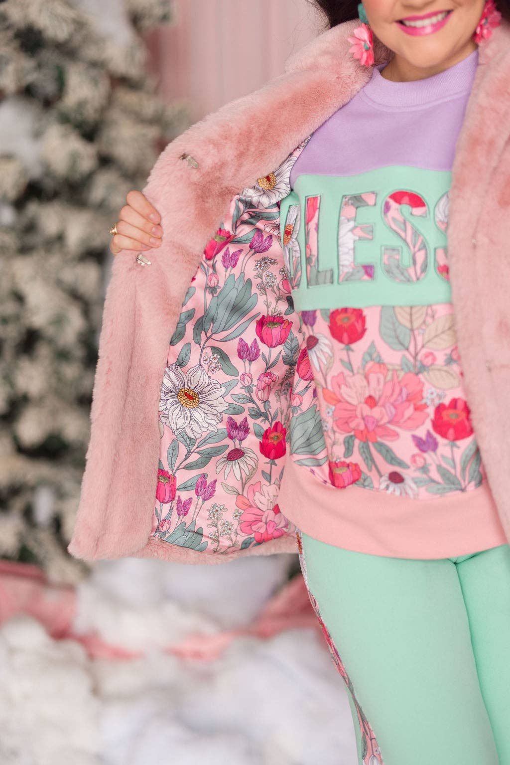 Brianna Cannon - Wholesale Fur/Faux Fur Coat - Women's - Dusty Pink Vegan Fur Coat with Floral Lining 6