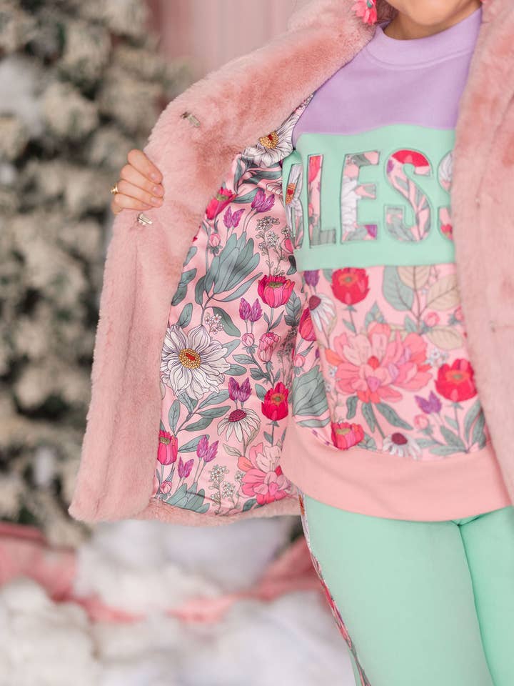 Brianna Cannon - Wholesale Fur/Faux Fur Coat - Women's - Dusty Pink Vegan Fur Coat with Floral Lining 6