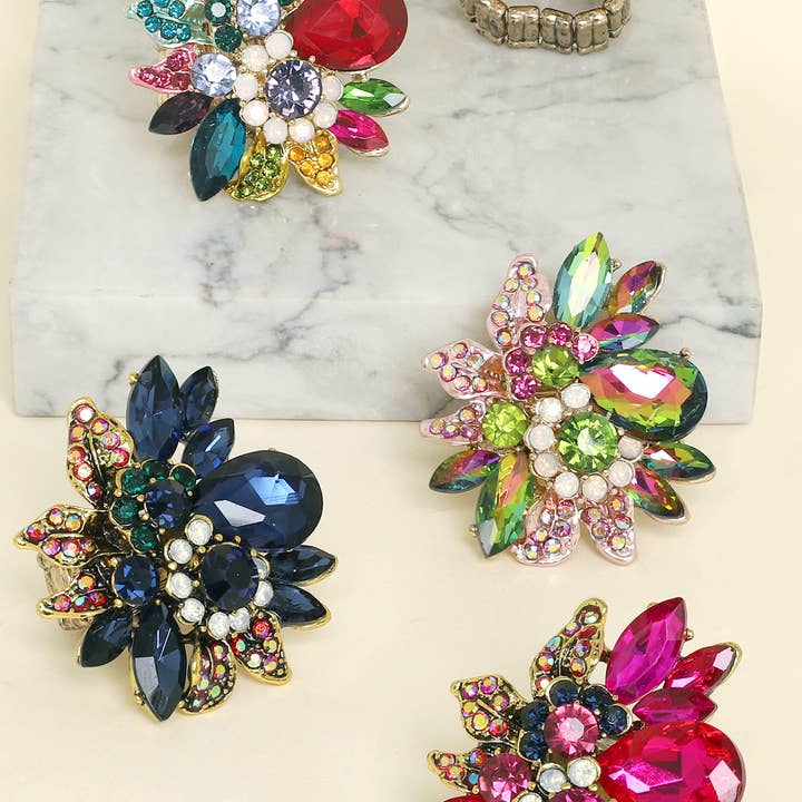 Vintage Crystal Gemstone Floral Stretch Ring for wholesale by SP Sophia Collection