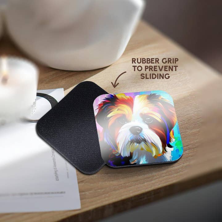 3dRose - Wholesale Coasters - 3dRose, Charming Shih Tzu dog portrait on blue and pink family friendly gift, Coaster10