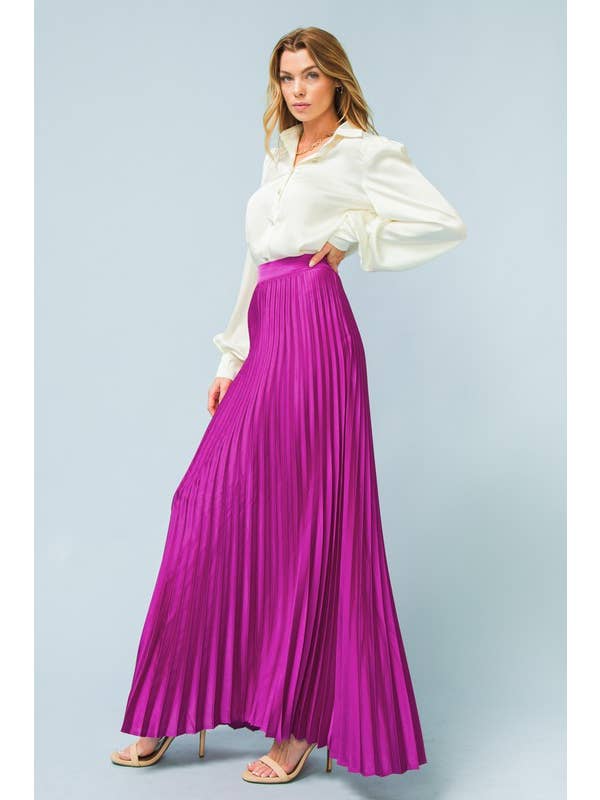 MAGENTA PLEATED SATIN MAXI SKIRT for wholesale on Faire