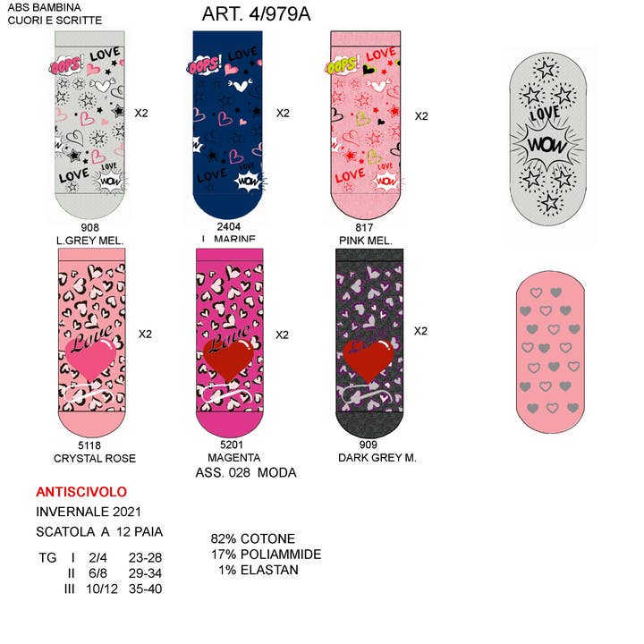 Tris Non-slip girl Socks Love Heart pattern in Warm Cotton (4/979A) for wholesale by Ciocca