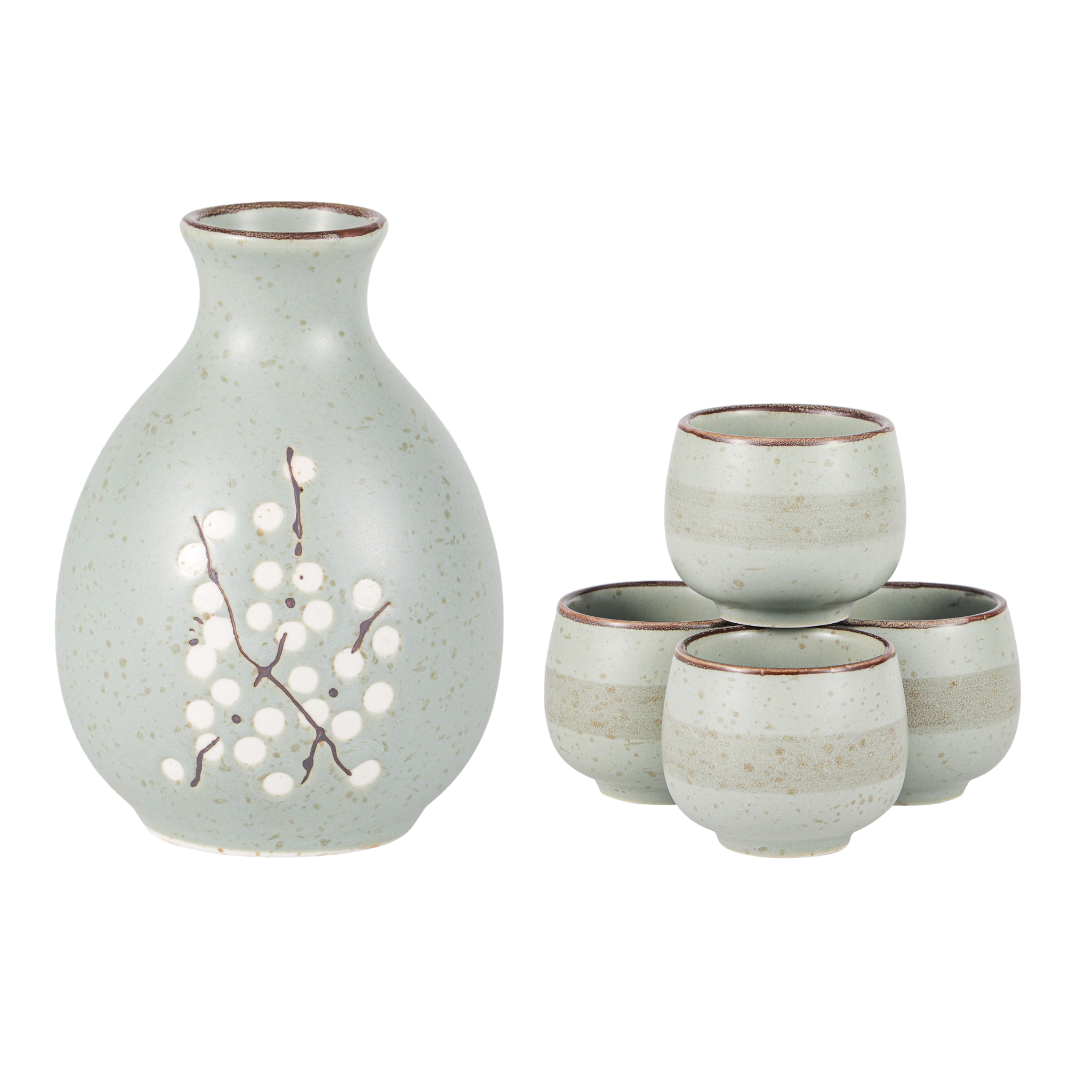 Urban Tokyo - Wholesale Drinking Glass/Cup - Blue Plum Blossom Porcelain Glazed 9 oz Sake Bottle and 4 Cups Gift Set (1/24)0