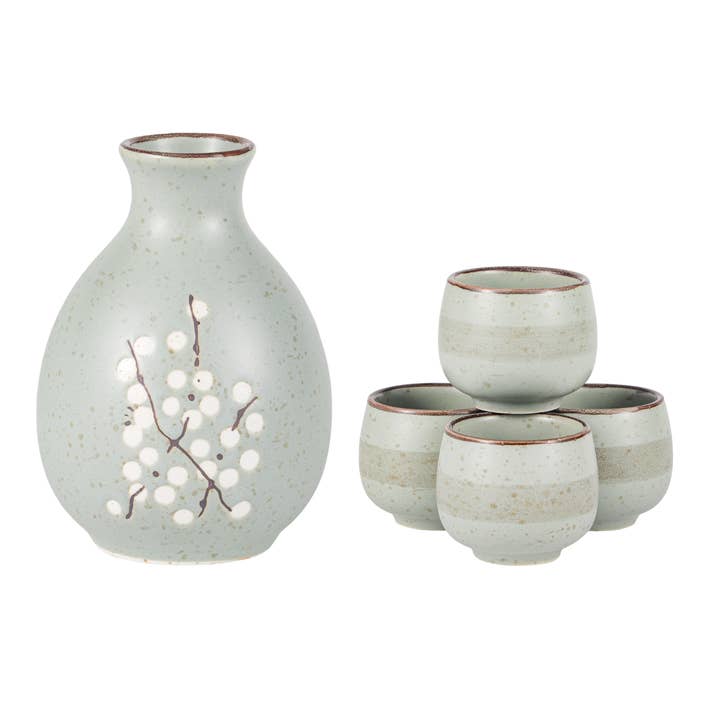 Urban Tokyo - Wholesale Drinking Glass/Cup - Blue Plum Blossom Porcelain Glazed 9 oz Sake Bottle and 4 Cups Gift Set (1/24)