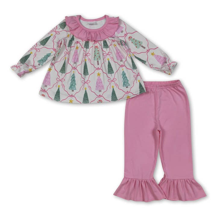 Christmas tree bow tunic pink ruffle pants girls clothes for wholesale by Yawoo Garments