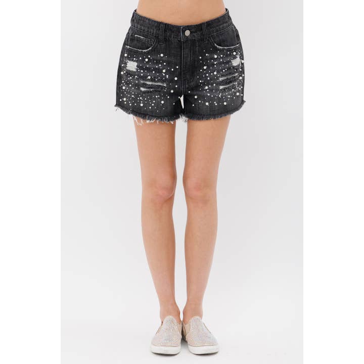 PEARL AND STONE EMBELLISHED DENIM SHORTS for wholesale by VOCAL