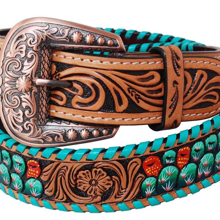 Western Chic Leather Belts. Hand Painted Cactus for wholesale by Rafter T Ranch Company
