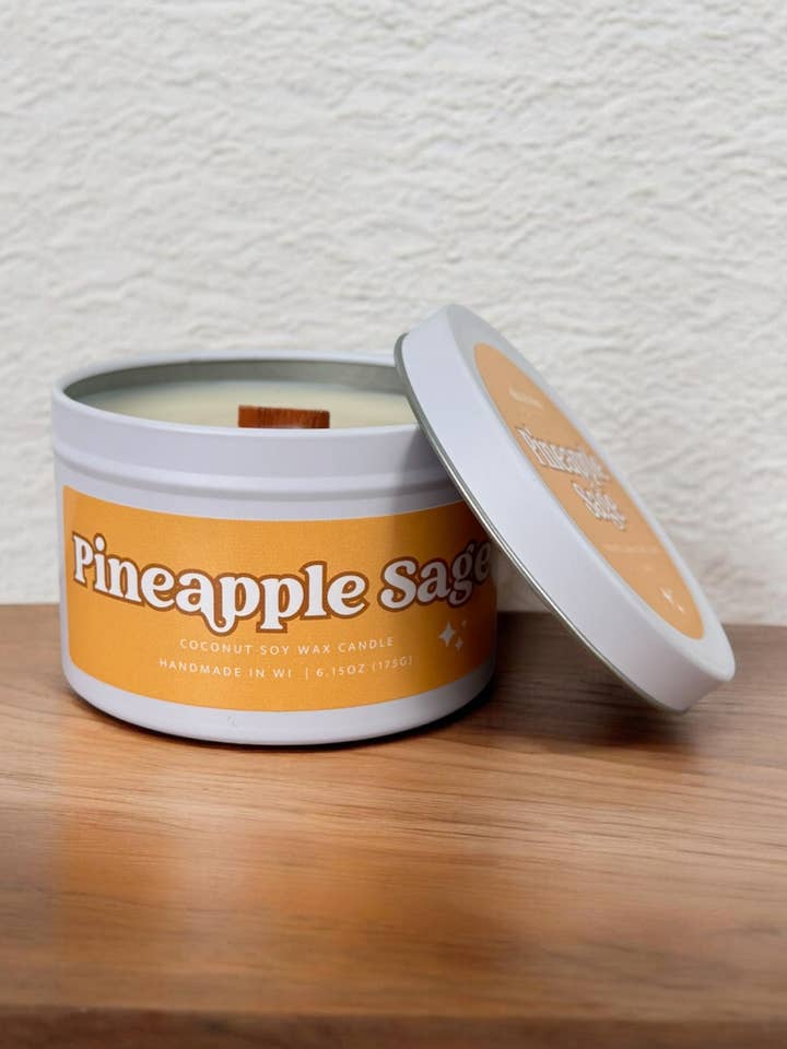 White Tea & Thyme Wooden Wick Tin | Spring 2026 for wholesale by Olive + Renn Candle Studio