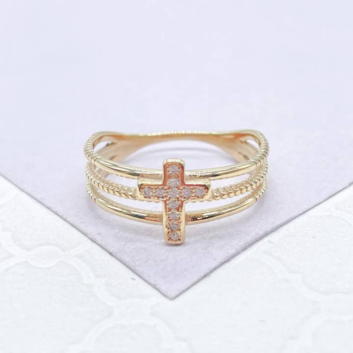 Anello a 3 Fasce in Oro 18k GF con Croce in Cz Incisa al Centro per la vendita all'ingrosso da parte di Milie