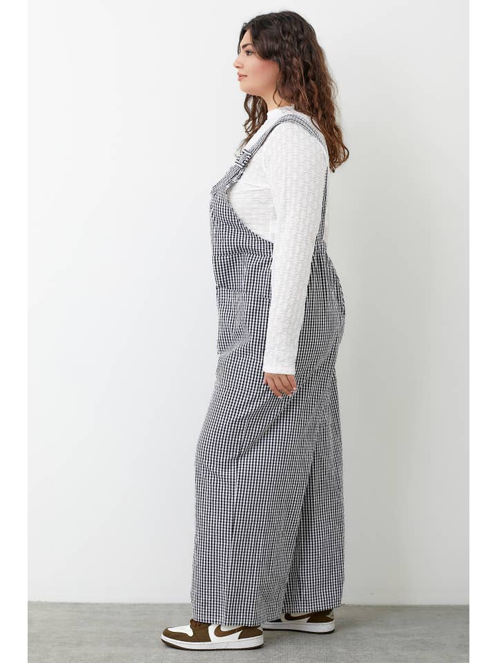 Black GINGHAM OVERALLS WIDE PANTS for wholesale on Faire