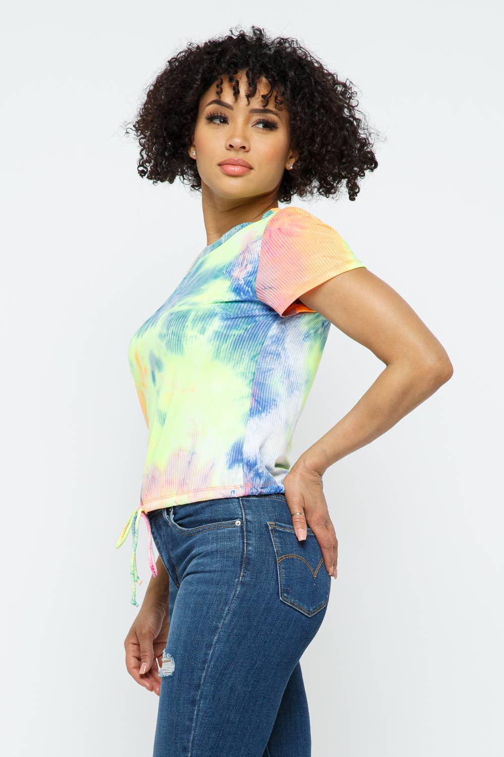 Multi Tie Dye Short Sleeve Bottom Self Spaghetti Drawstring Top for wholesale on Faire2