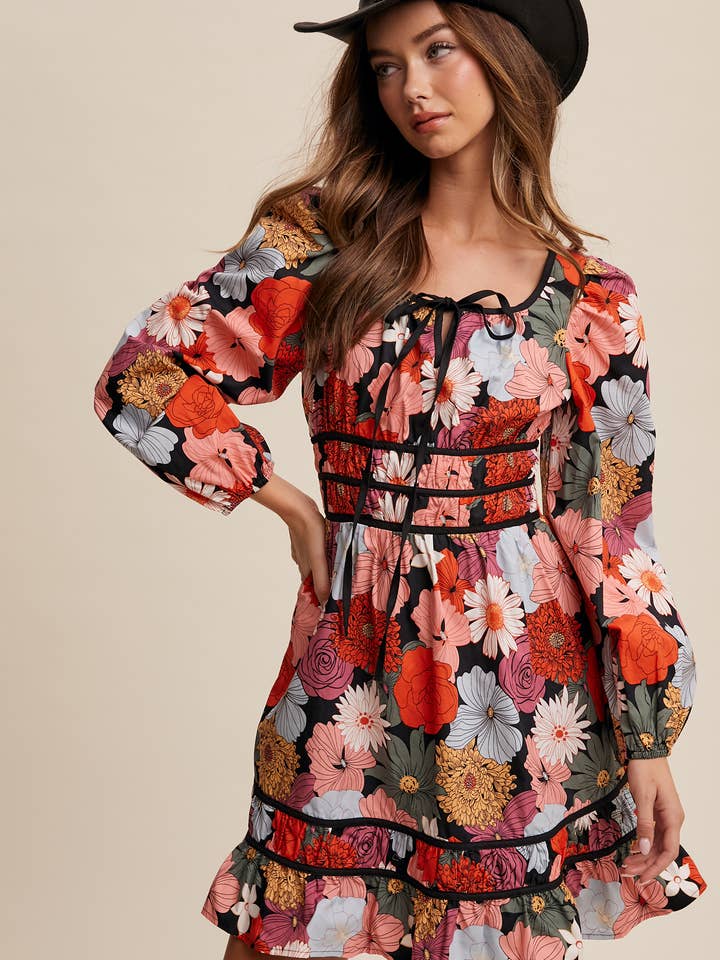 Floral Print Front Tie Long Sleeve Contrast Dress for wholesale by Listicle