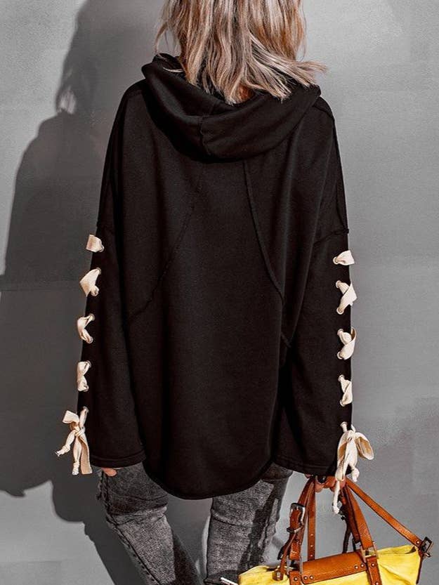 Rosa Clothing - Wholesale Hoodie - Women's - Strappy Hooded Raw-Edged Sweatshirt