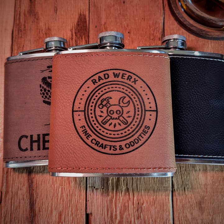 Engraved Leather Hip Flask with Logo for wholesale by Rad Werx Design
