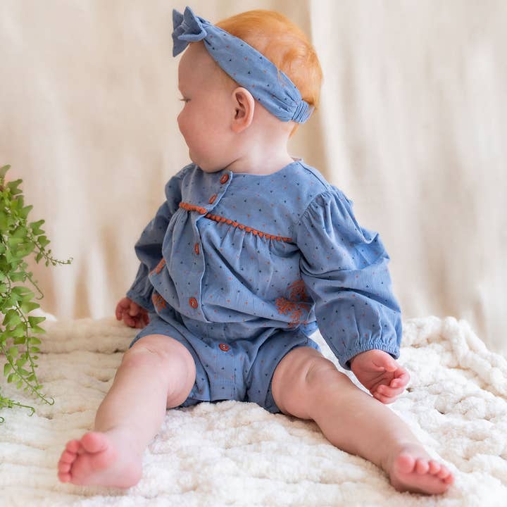 Coral Blue Floral Embroidered Corduroy Bubble Baby Romper (Organic) for wholesale on Faire