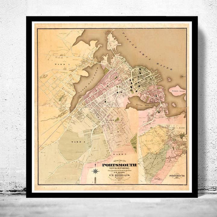 Old map of Portsmouth New Hampshire 1876 Vintage Map | Vintage Map Wall Art Print for wholesale by OldCityPrints - Old Maps and Posters