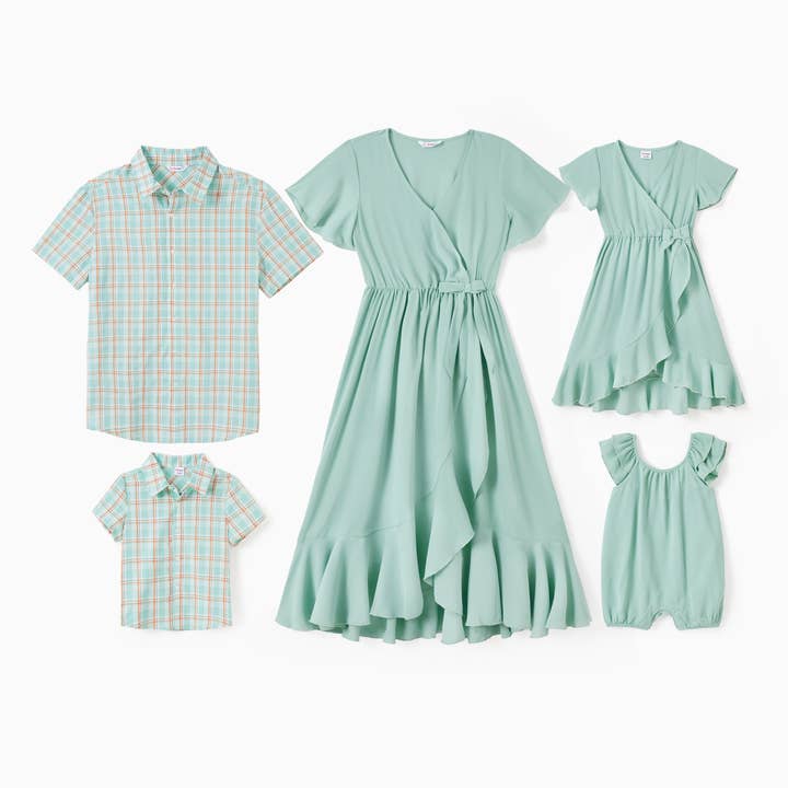 Chemise à carreaux verte assortie pour la famille ou robe à nœud sur le côté pour la vente par PatPat Matching