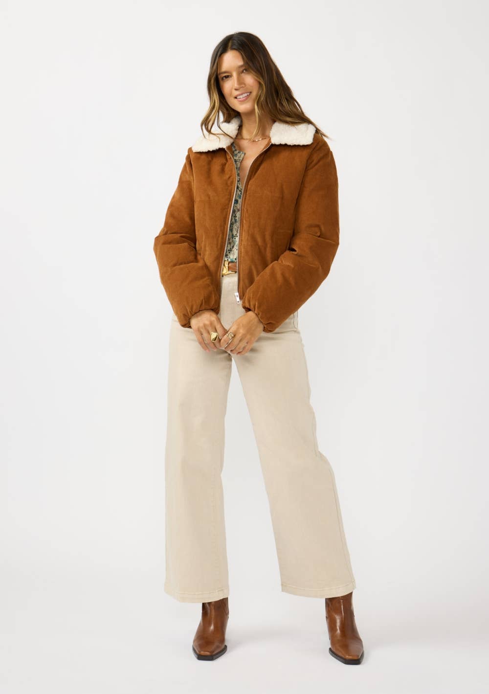 CAMEL Corduroy Puffer Jacket with Sherpa Collar for wholesale on Faire4