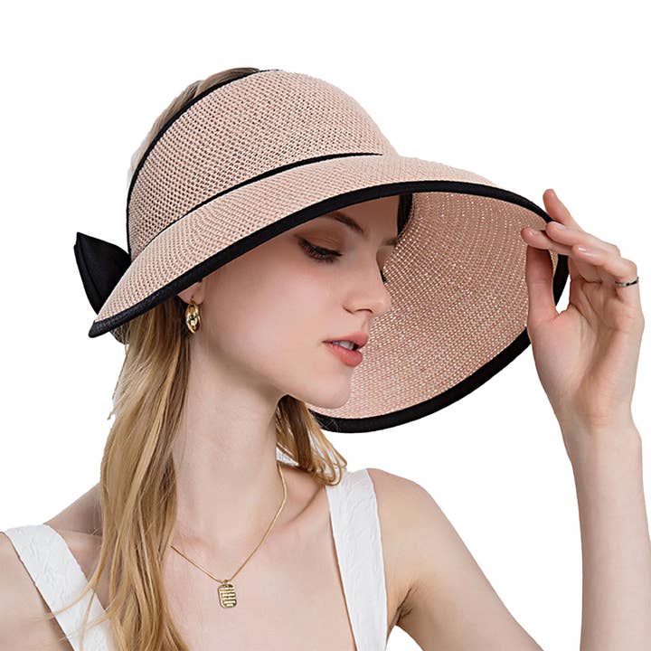 AK Brand - Wholesale Visor – Women's - Women Roll-Up Straw Sun Visor with Bow Detail Adjustable Hat