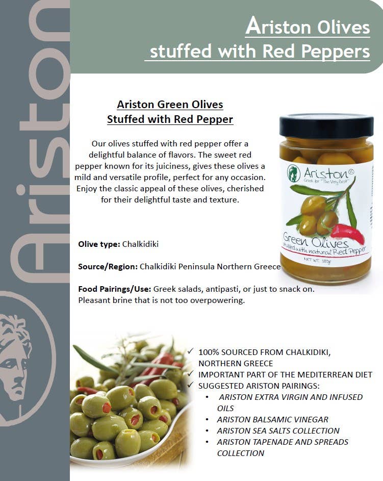 Ariston Specialties - Wholesale Olives - Ariston Green Olives Stuffed Pepper -13.40oz (Sweet peppers)3