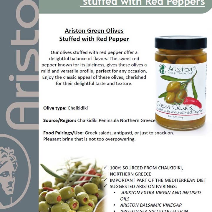 Ariston Specialties - Wholesale Olives - Ariston Green Olives Stuffed Pepper -13.40oz (Sweet peppers)3