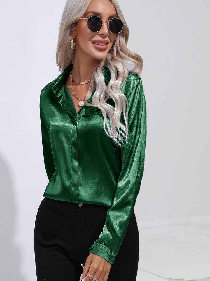 NINEXIS - Wholesale Button Down Shirt - Women's - CWTBLL0692_Button Down Silky Satin Long Sleeve Top23