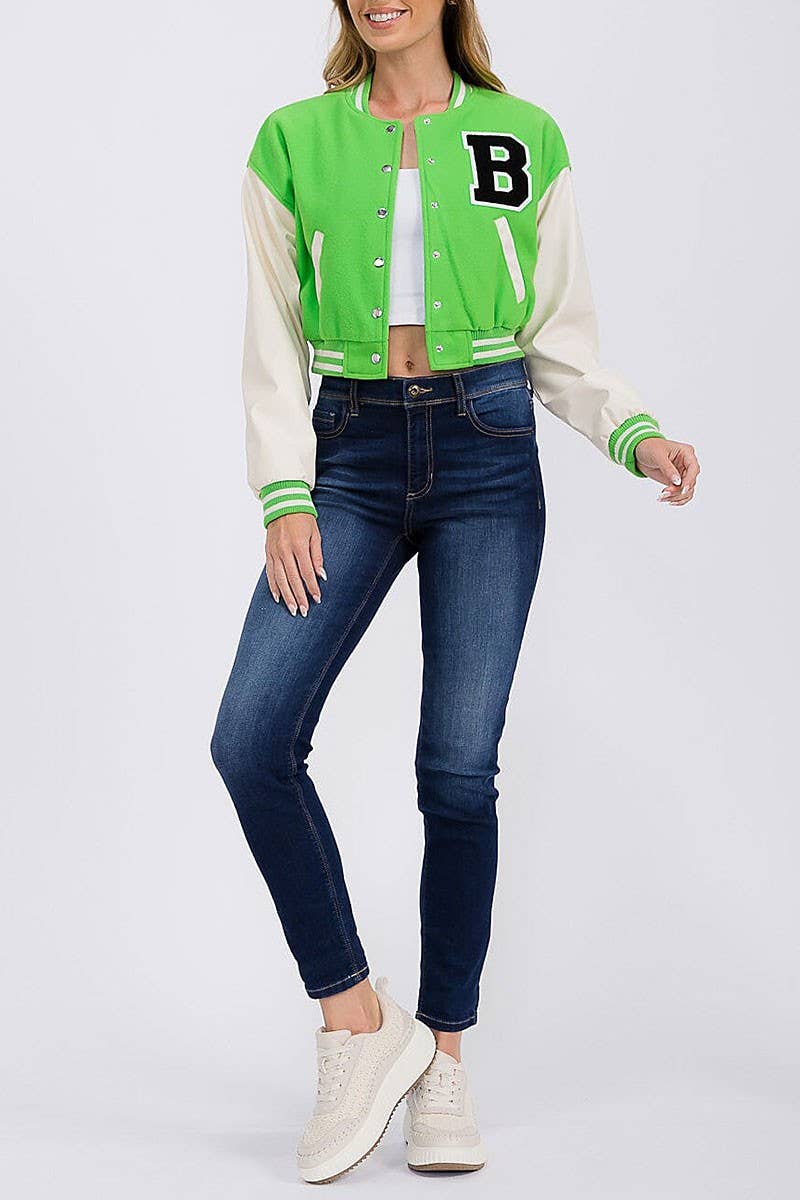 ROUSSEAU - Wholesale Varsity/Baseball Jacket - Women's - PLEATHER SLEEVE BUTTON CLOSURE VARSITY JACKET3