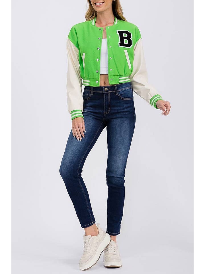 ROUSSEAU - Wholesale Varsity/Baseball Jacket - Women's - PLEATHER SLEEVE BUTTON CLOSURE VARSITY JACKET3