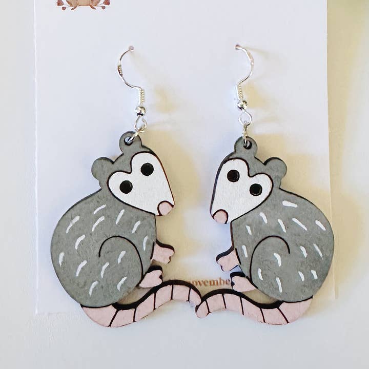 Possum Dangle Earrings, Birch Wood, Hand Painted for wholesale by Remember November, Inc