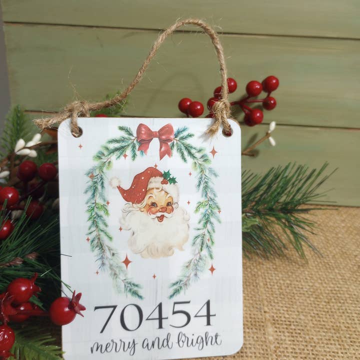 ZIPCODE Wood Ornament - rectangle Santa Zipcode only for wholesale by Bluegrass Burlap Co