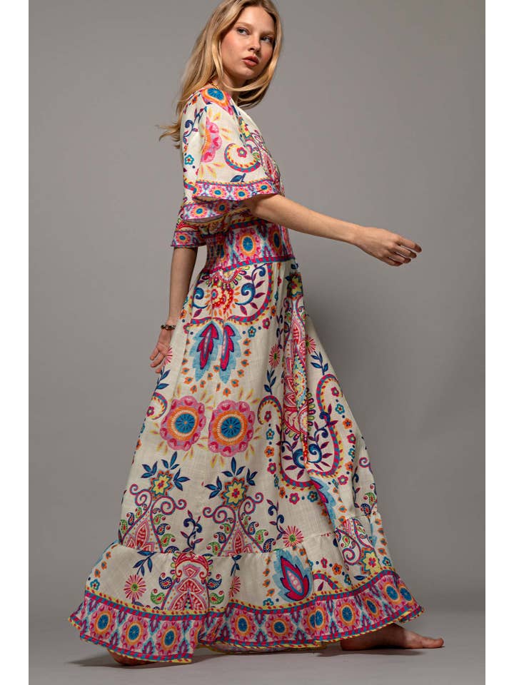 IVORY Oversized Paisley Flutter Sleeve Smocked Dress for wholesale on Faire