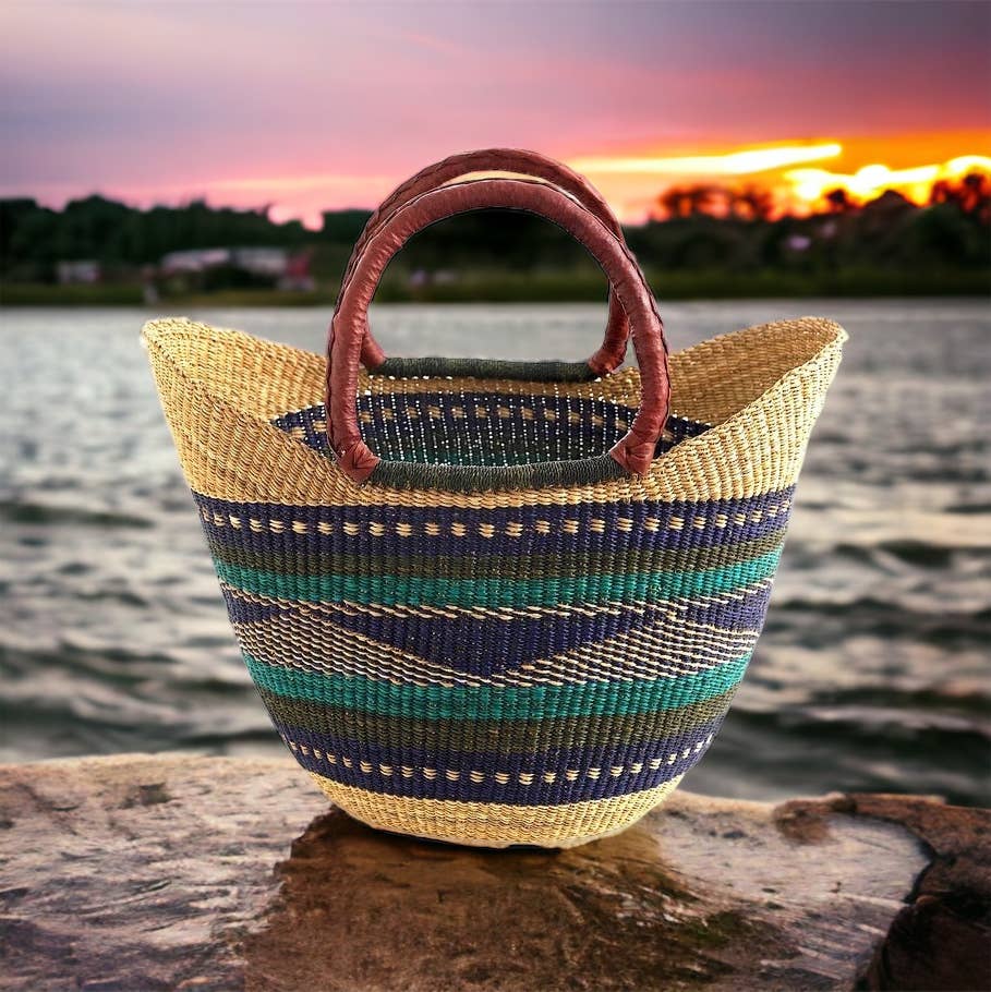 The African Home Goods - Wholesale Beach Bag - Green & Blue U-Shopper Ghana Beach Tote Bag/Basket7