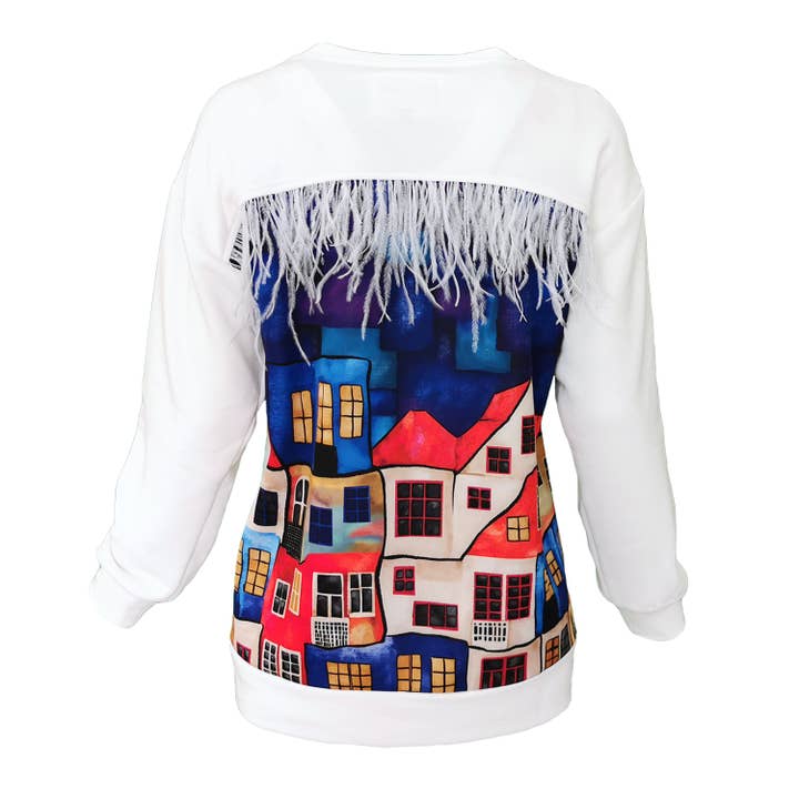 White Cotton Sweatshirt With House Pattern Print On The Back for wholesale by Lalipop Design